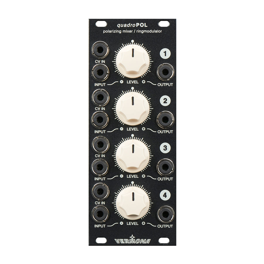 Black eurorack module with four rows of white rotary knobs and multiple 3.5mm jacks labeled CV IN, INPUT, and OUTPUT.