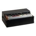 Black vintage electronic musical instrument with silver control panel and multiple colored buttons and knobs in a case.