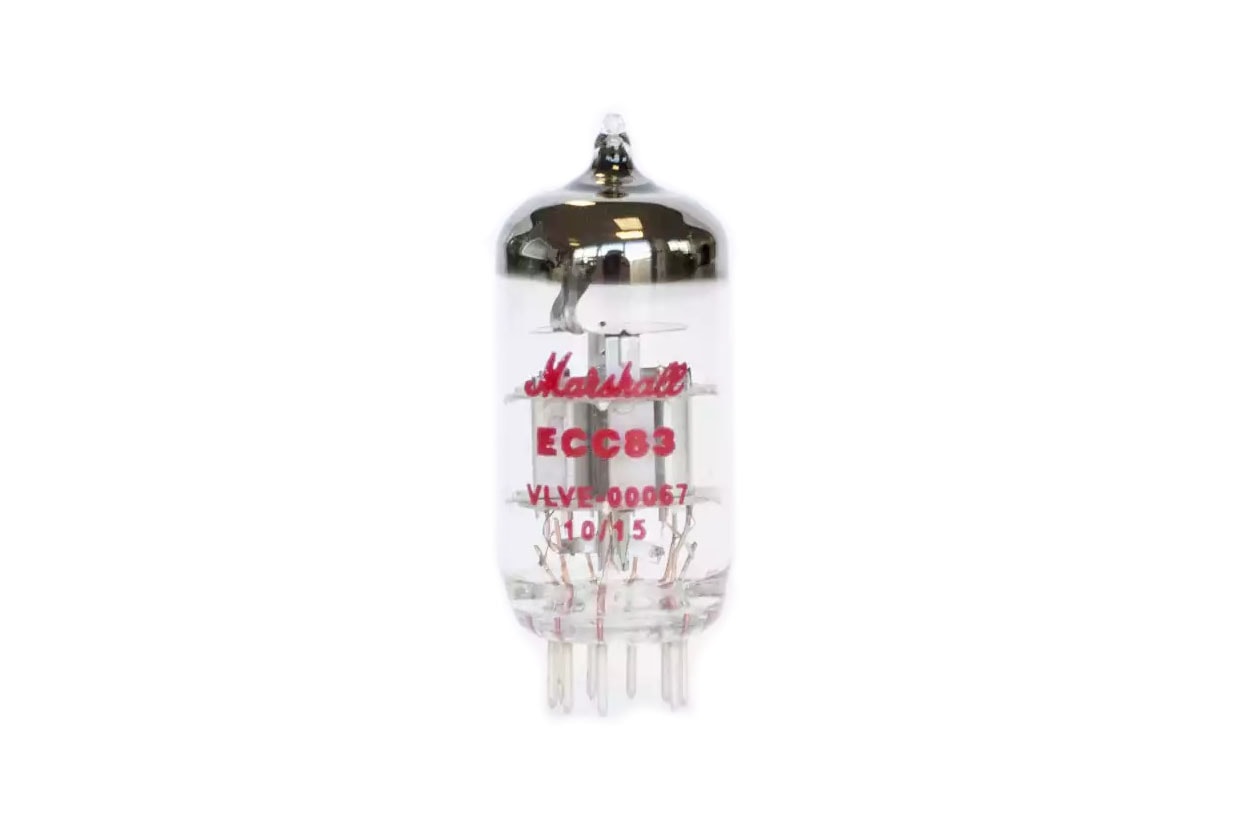 Clear glass vacuum tube with metal top and pin connectors, labeled Marshall ECC83 VLVE-00067.