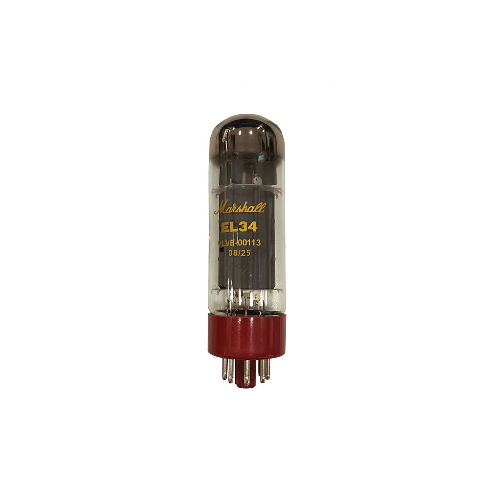 Clear glass vacuum tube with red base and metal pins, marked EL34 and Marshall logo.