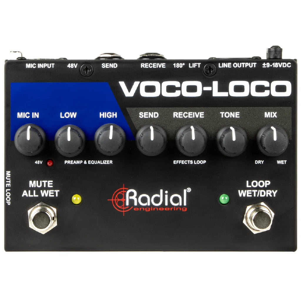 Top view of a Radial Voco-Loco vocal effects switcher with knobs and footswitches on a black panel.