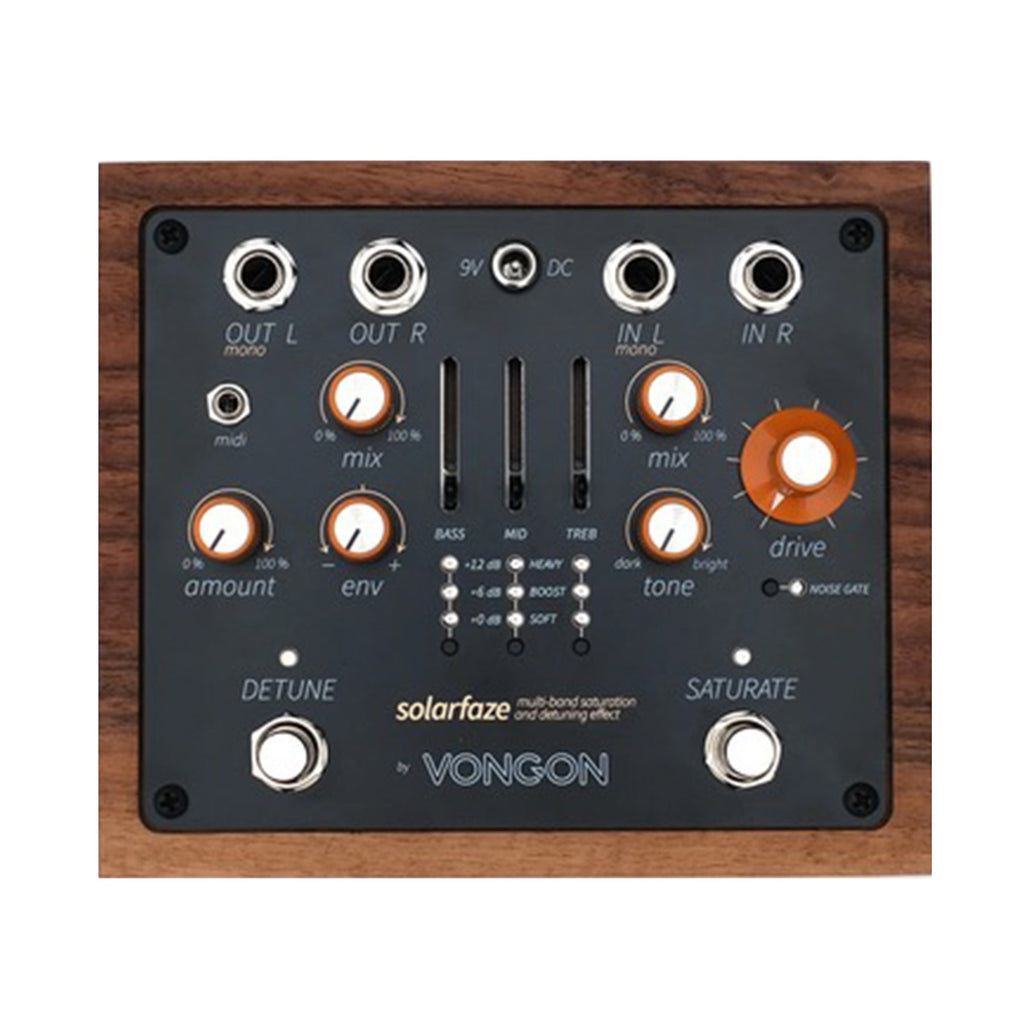 Top view of a wood-cased guitar effects pedal with knobs, sliders, jacks, and footswitches labeled for mix, tone, drive, detune, and saturate.