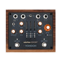 Top view of a wood-cased guitar effects pedal with knobs, sliders, jacks, and footswitches labeled for mix, tone, drive, detune, and saturate.