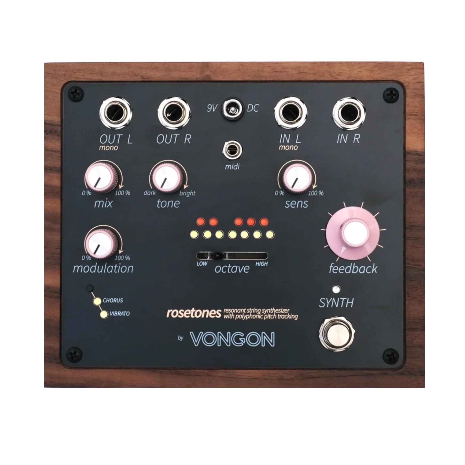 Vongon Rosetones pedal with multiple knobs, jacks, LEDs, and a footswitch in a wood and black panel design.