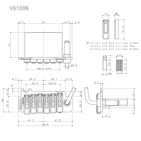Technical line drawing of a Gotoh VS100N tremolo bridge with dimensional measurements and component details.