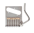 Silver-colored guitar bridge plate with five springs, screws, and attached tremolo arm.
