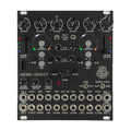 Front view of a black audio module with knobs, buttons, sliders, and multiple 1/8 inch audio jacks labeled Veno-Orbit.