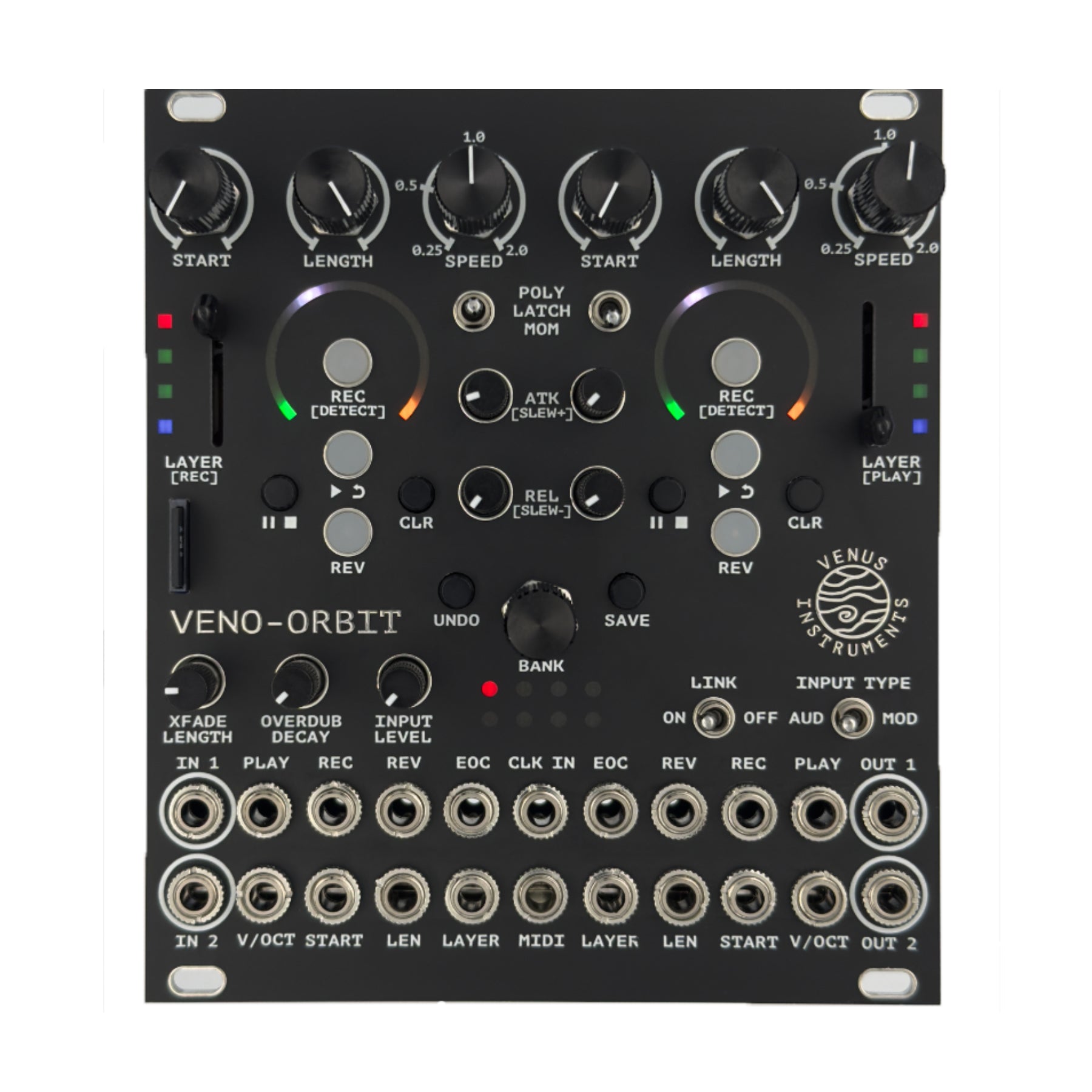 Front view of a black audio module with knobs, buttons, sliders, and multiple 1/8 inch audio jacks labeled Veno-Orbit.