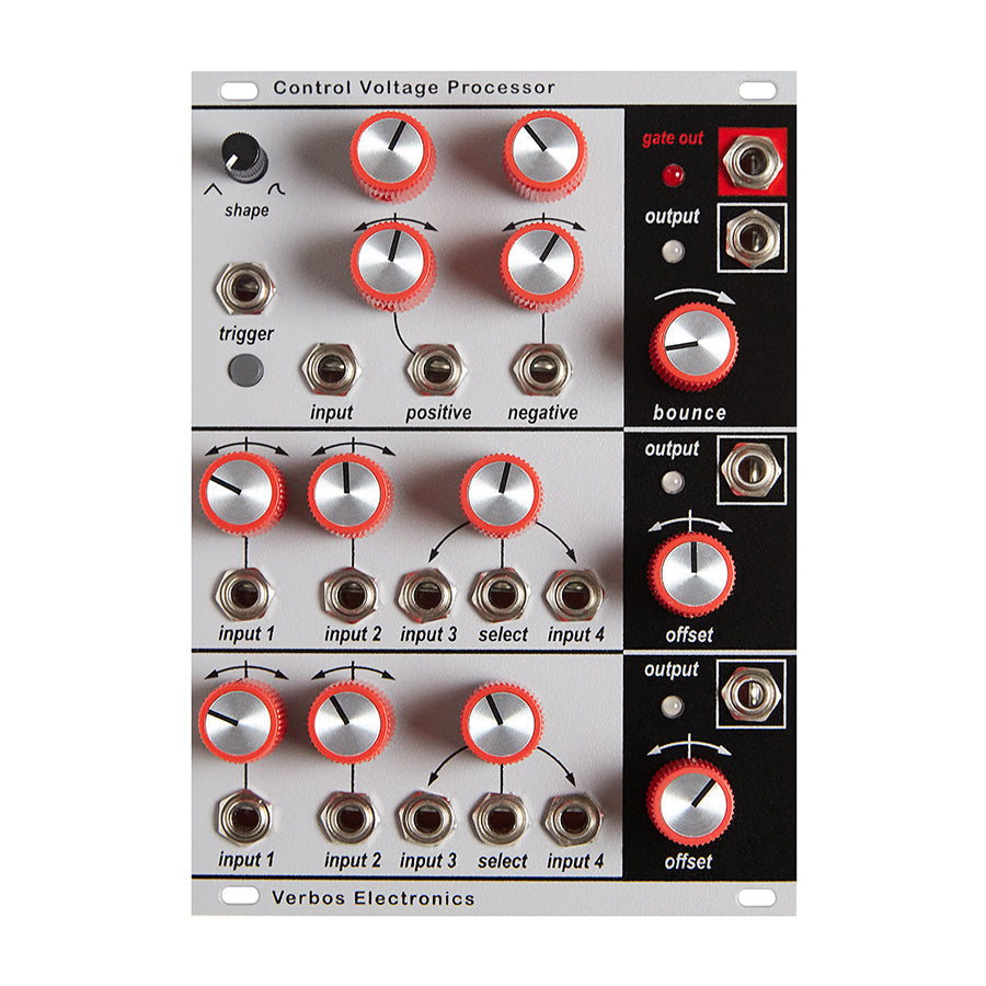 Verbos Electronics Control Voltage Processor module with multiple knobs and jack sockets arranged in three sections.