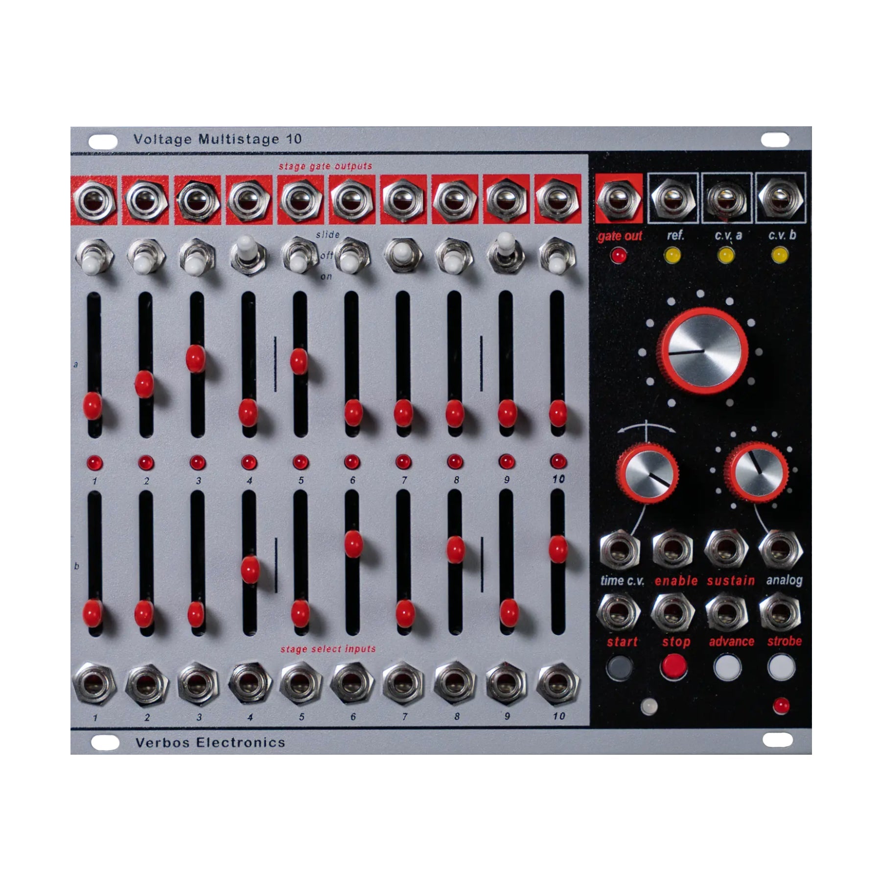 Silver and black eurorack module with 10 sliders, multiple push buttons, toggle switches, rotary knobs, and jack sockets.