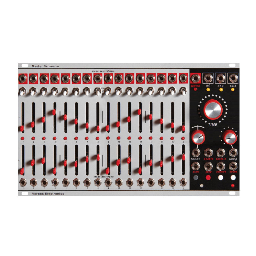 Eurorack module with 16 vertical sliders, various 3.5mm jacks, and rotary knobs labeled as a master sequencer.