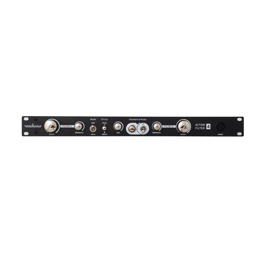 Black rackmount audio filter unit with knobs, toggle switches, and a power button labeled Action Filter 4.