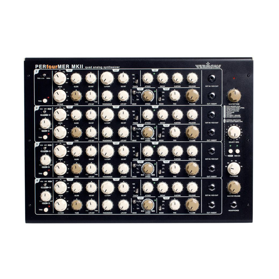 Top view of a Vermona PerFourMer MKII quad analog synthesizer with multiple control knobs and input/output jacks.