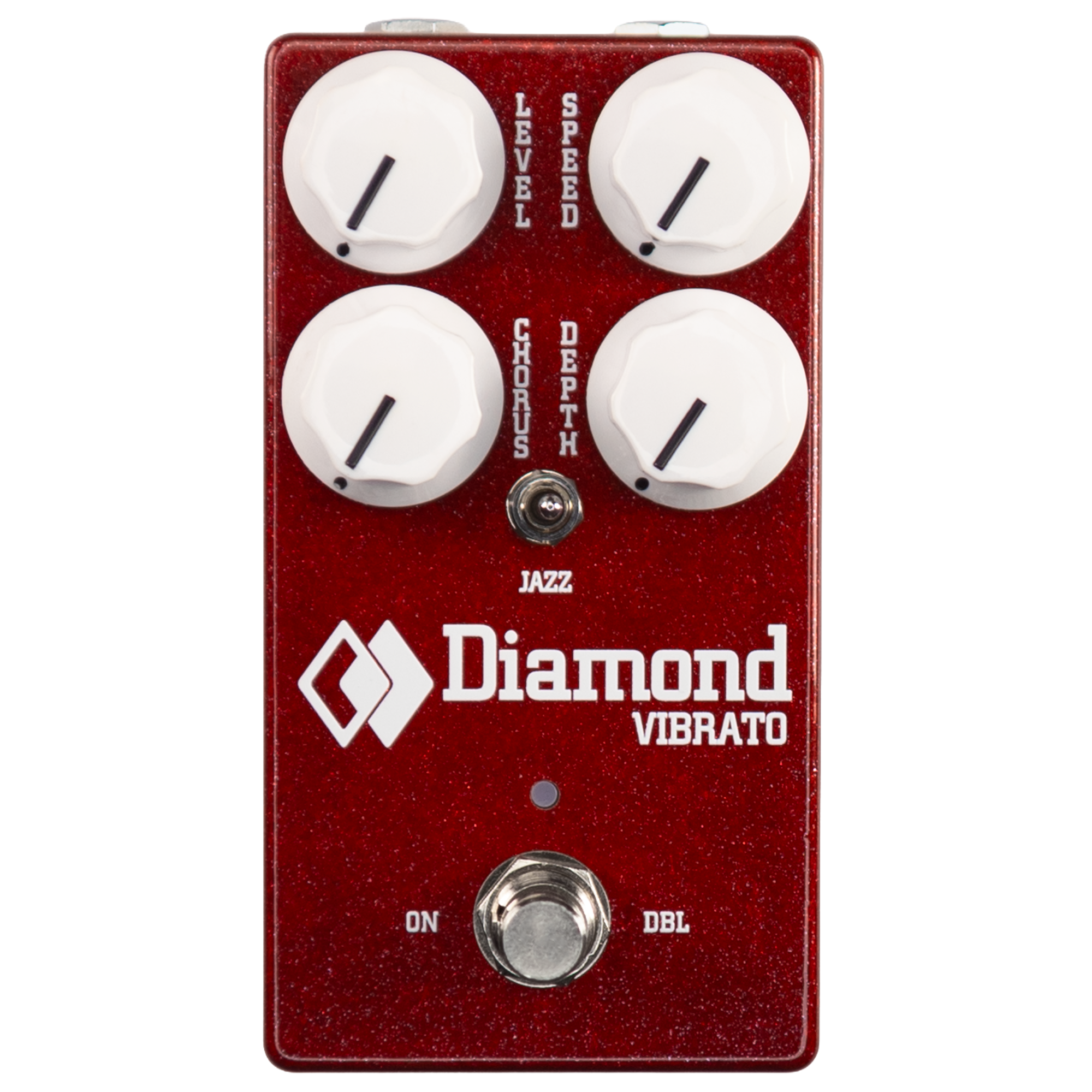 Red guitar effect pedal with four white knobs, a toggle switch, and a footswitch labeled Diamond Vibrato.