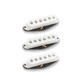 Three white guitar pickups with black base and pole pieces arranged vertically on white background.