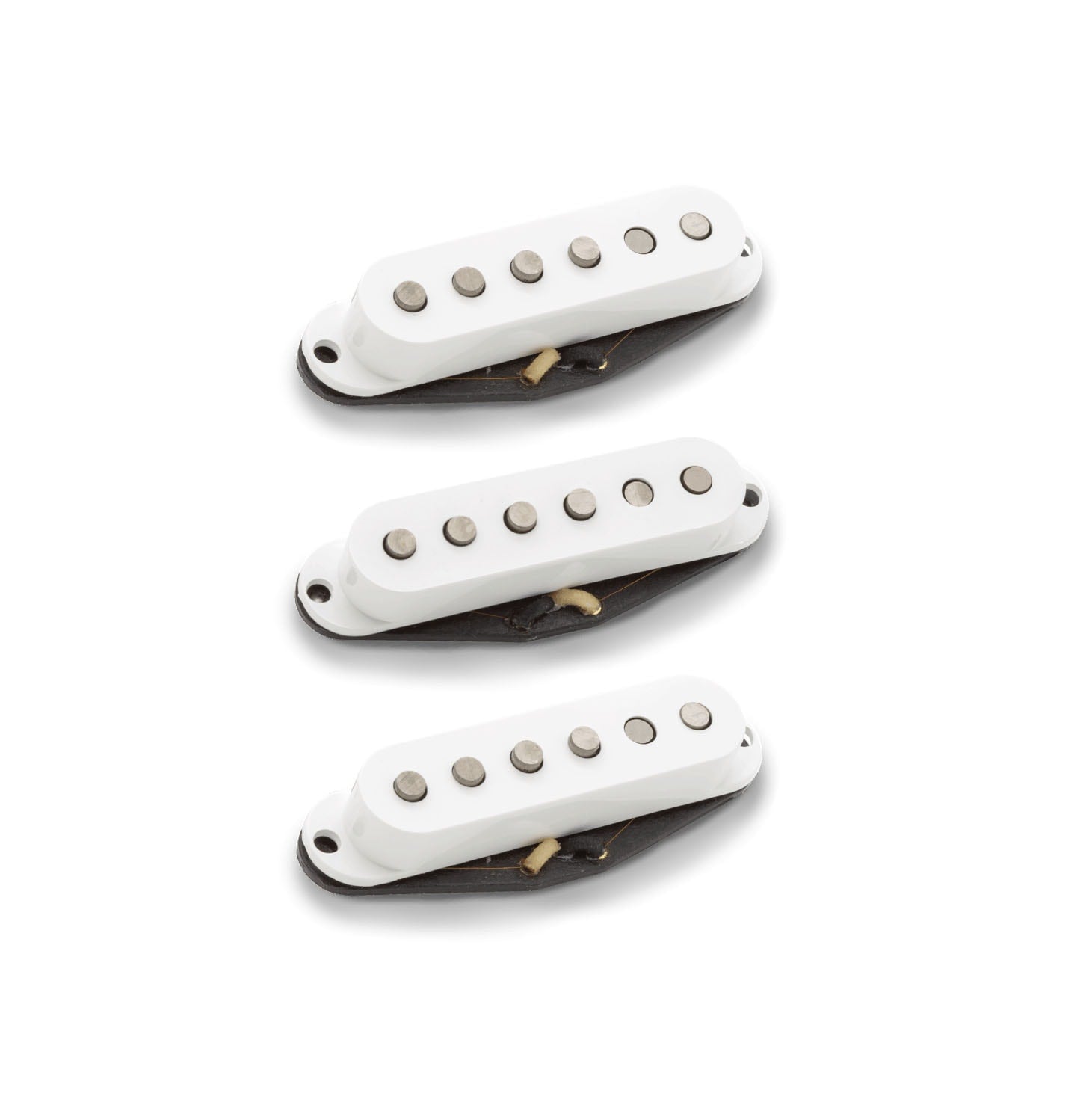 Three white guitar pickups with black base and pole pieces arranged vertically on white background.