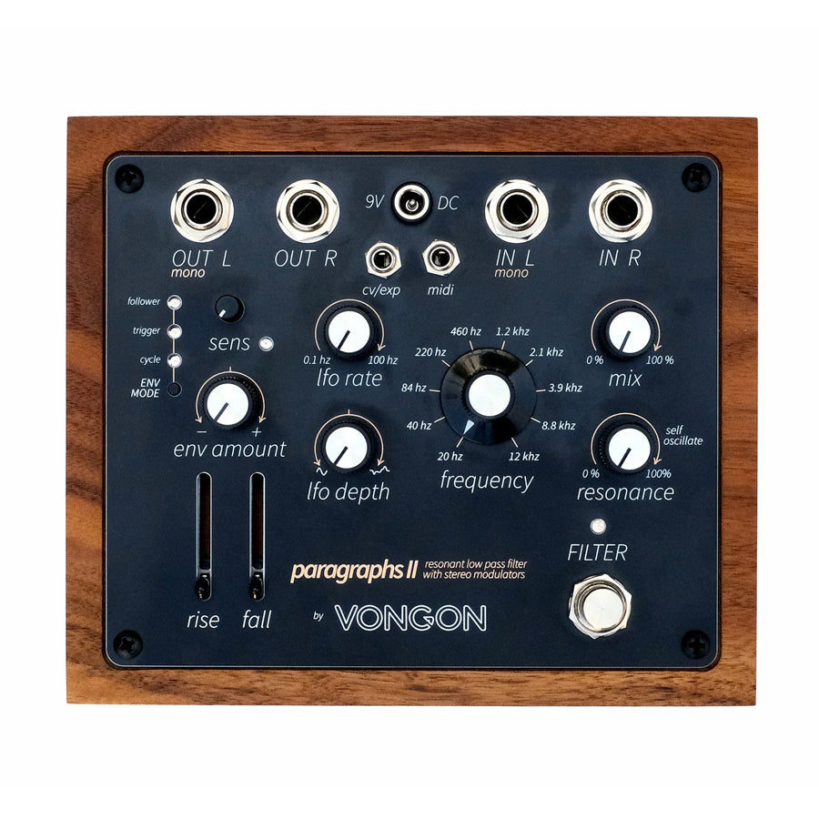 Top view of a Vongon Paragraphs II audio effects pedal with multiple knobs, sliders, jacks, and a wooden frame.