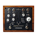 Top view of a Vongon Polyphrase stereo echo effect pedal with wood frame and various knobs, sliders, jacks, and footswitches.