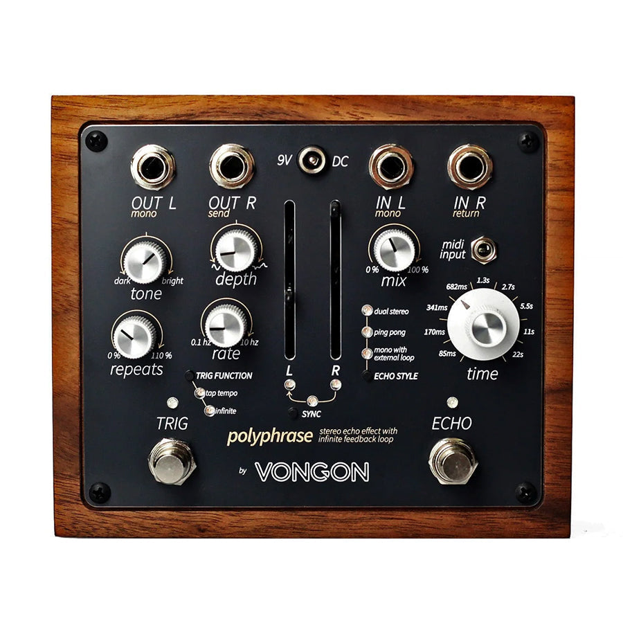 Top view of a Vongon Polyphrase stereo echo effect pedal with wood frame and various knobs, sliders, jacks, and footswitches.