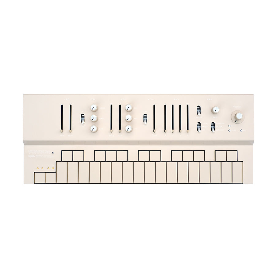 Beige Vongon Replay synthesizer with keyboard, vertical sliders, and rotary knobs on top panel
