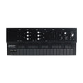 Black electronic synthesizer keyboard with sliders, knobs, toggle switch, and touch keypads.