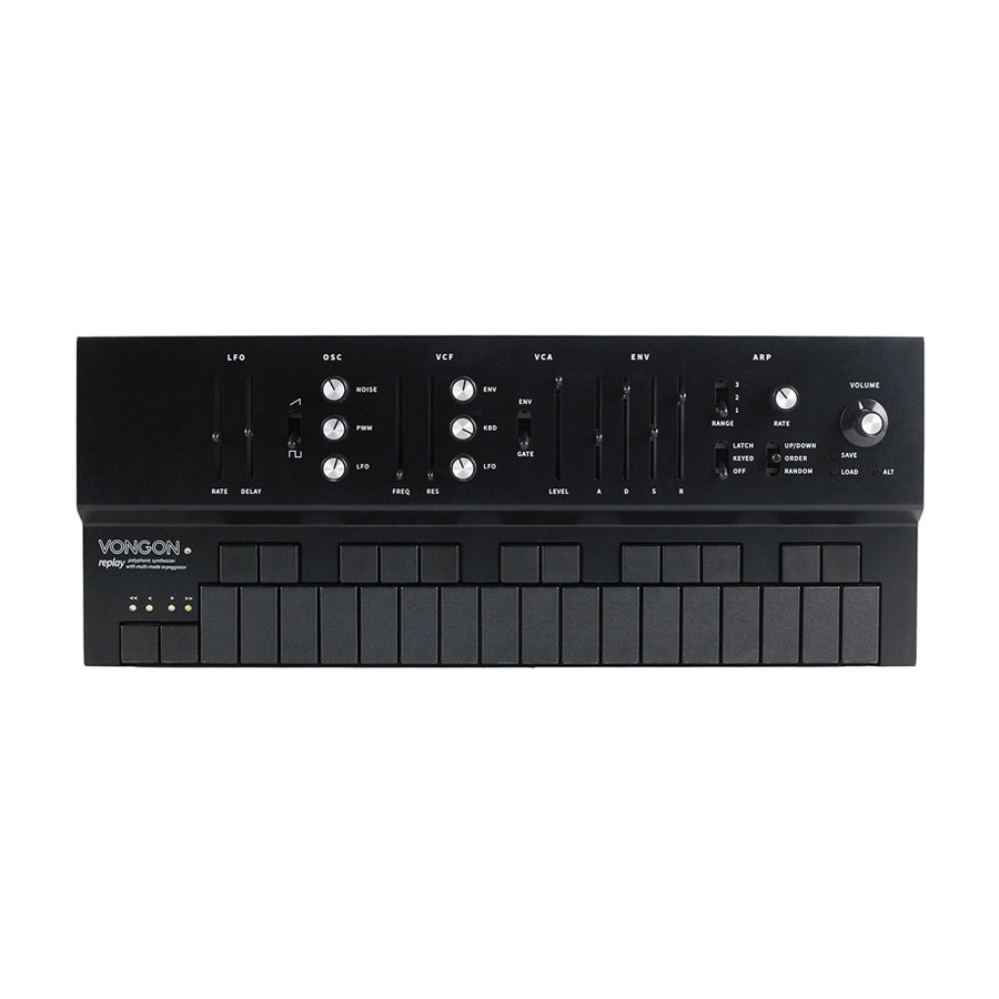 Black electronic synthesizer keyboard with sliders, knobs, toggle switch, and touch keypads.
