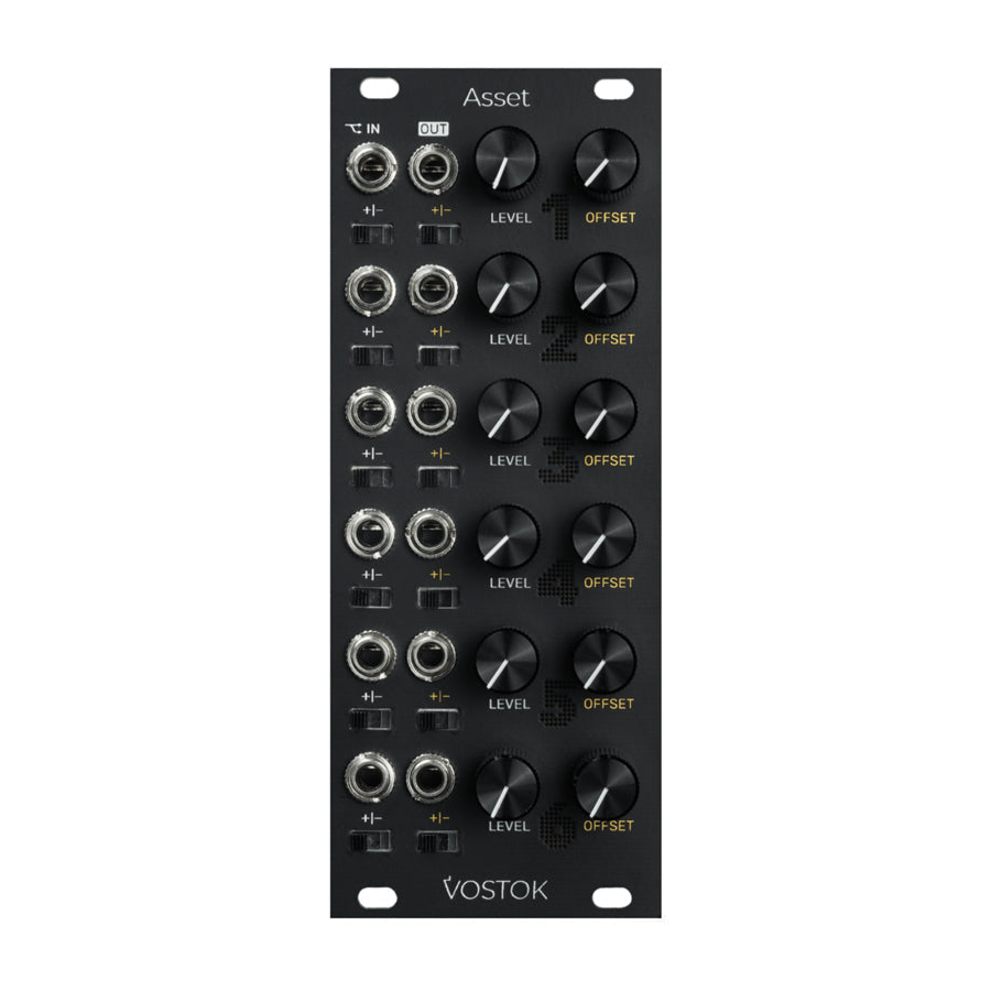 Black Eurorack module with multiple knobs, sliders, and 3.5mm jacks labeled Asset by Vostok.