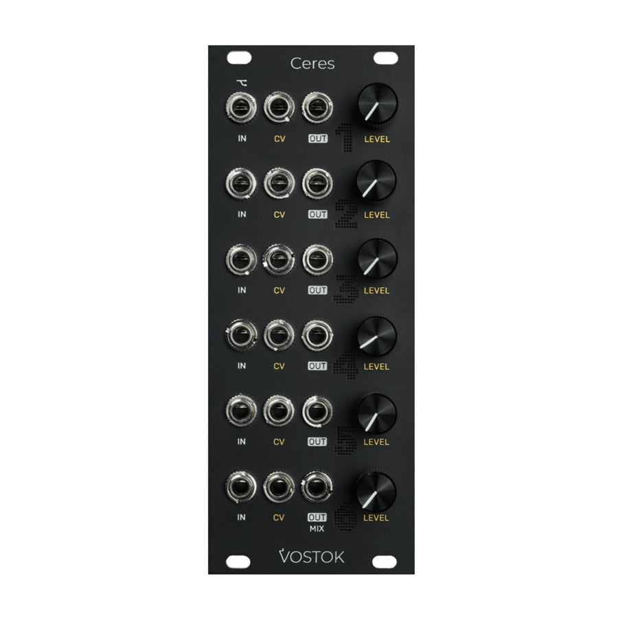 Black Eurorack module labeled Ceres with five rows of 3.5mm jack inputs and knobs on the right side.
