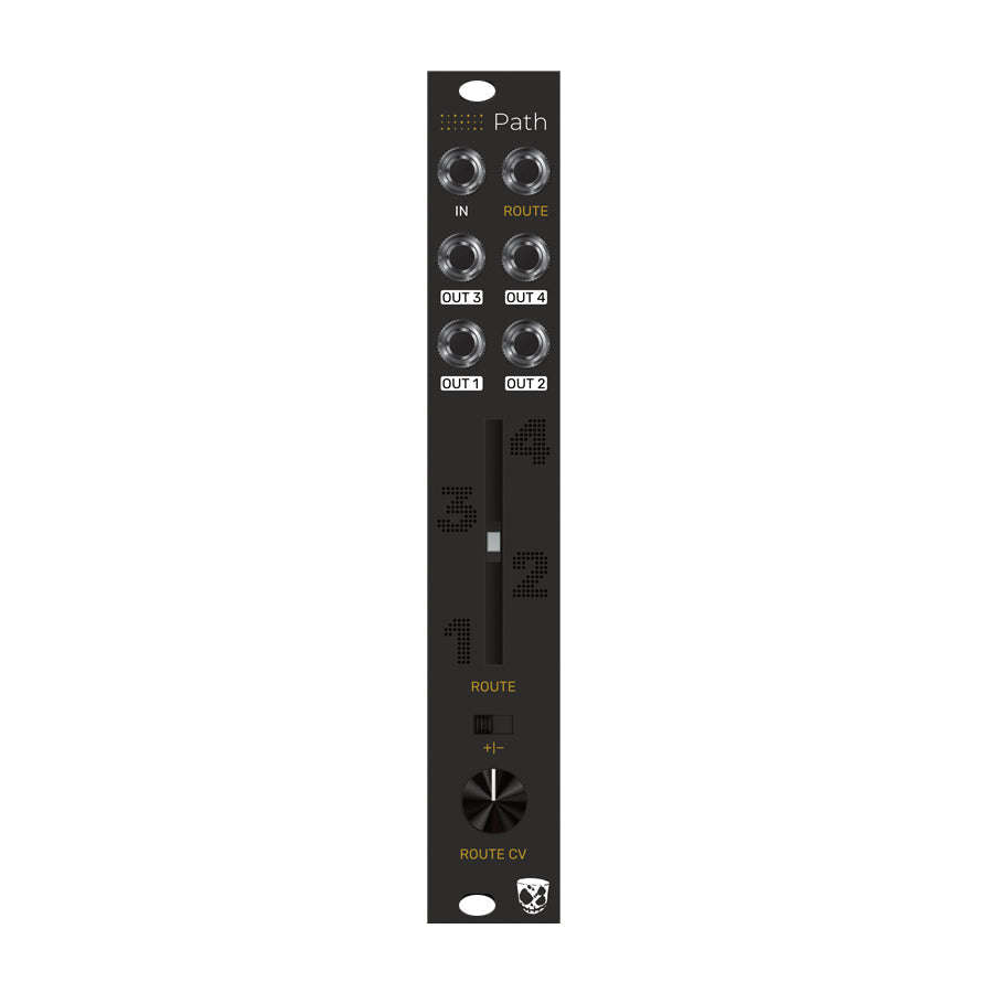 Black Eurorack module with six 6.35mm jack inputs/outputs, a vertical slider, rotary knob, and toggle switch.