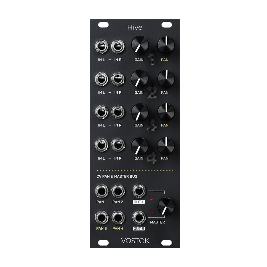 Black eurorack module with multiple input and output jacks, gain and pan knobs, labeled Hive and Vostok.