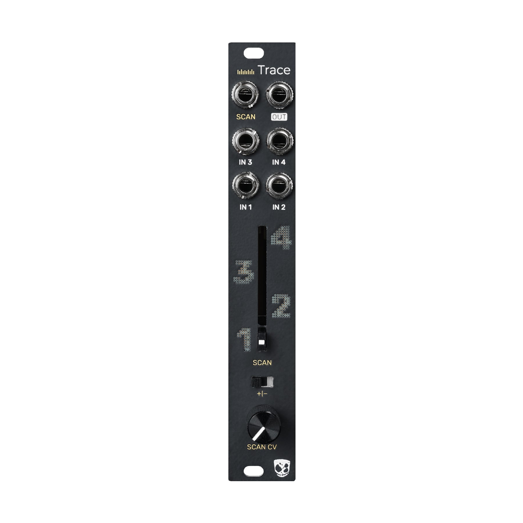 Black eurorack module with multiple jack sockets, a vertical slider, a knob, and a slider switch labeled Trace.