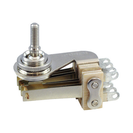 Metal toggle switch with solder lugs and a threaded mounting shaft in a right angle design.