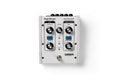 White modulation pedal with five knobs, two blue toggle buttons, a foot switch, and black text controls.