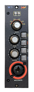 Front panel of an audio device with gain, trim, and fader knobs, switches, and a microphone/instrument input connector.