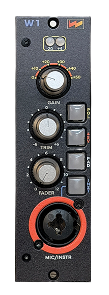 Front panel of an audio device with gain, trim, and fader knobs, switches, and a microphone/instrument input connector.