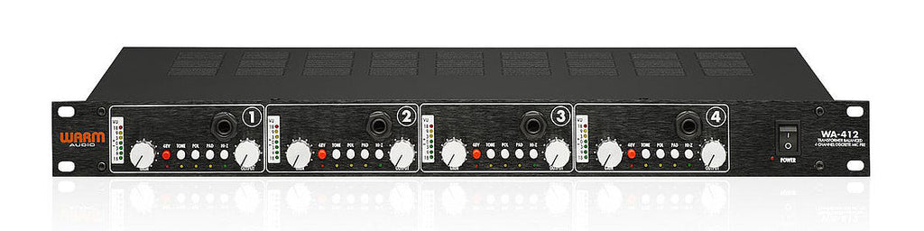 Front panel of a black 4-channel audio preamp with multiple knobs, buttons, and quarter inch jacks.