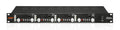Front panel of a black 4-channel audio preamp with multiple knobs, buttons, and quarter inch jacks.