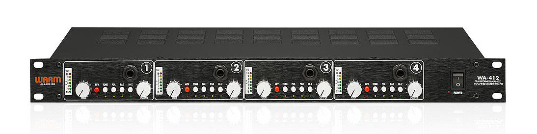 Front panel of a black 4-channel audio preamp with multiple knobs, buttons, and quarter inch jacks.