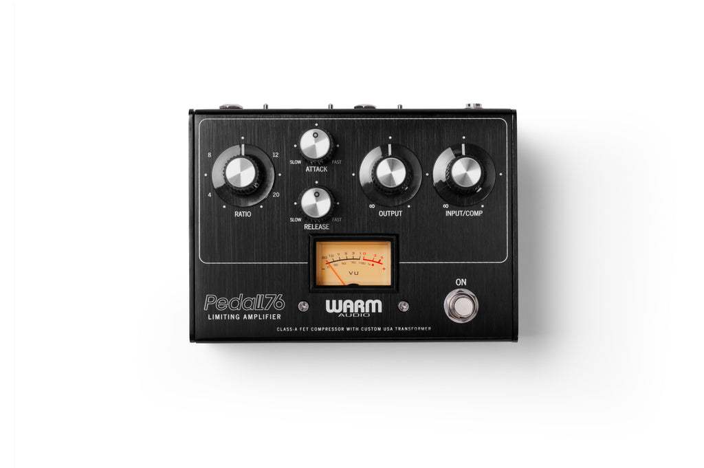 Black metal audio pedal with five control knobs, a VU meter, and a footswitch labeled On.