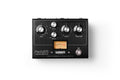 Black metal audio pedal with five control knobs, a VU meter, and a footswitch labeled On.