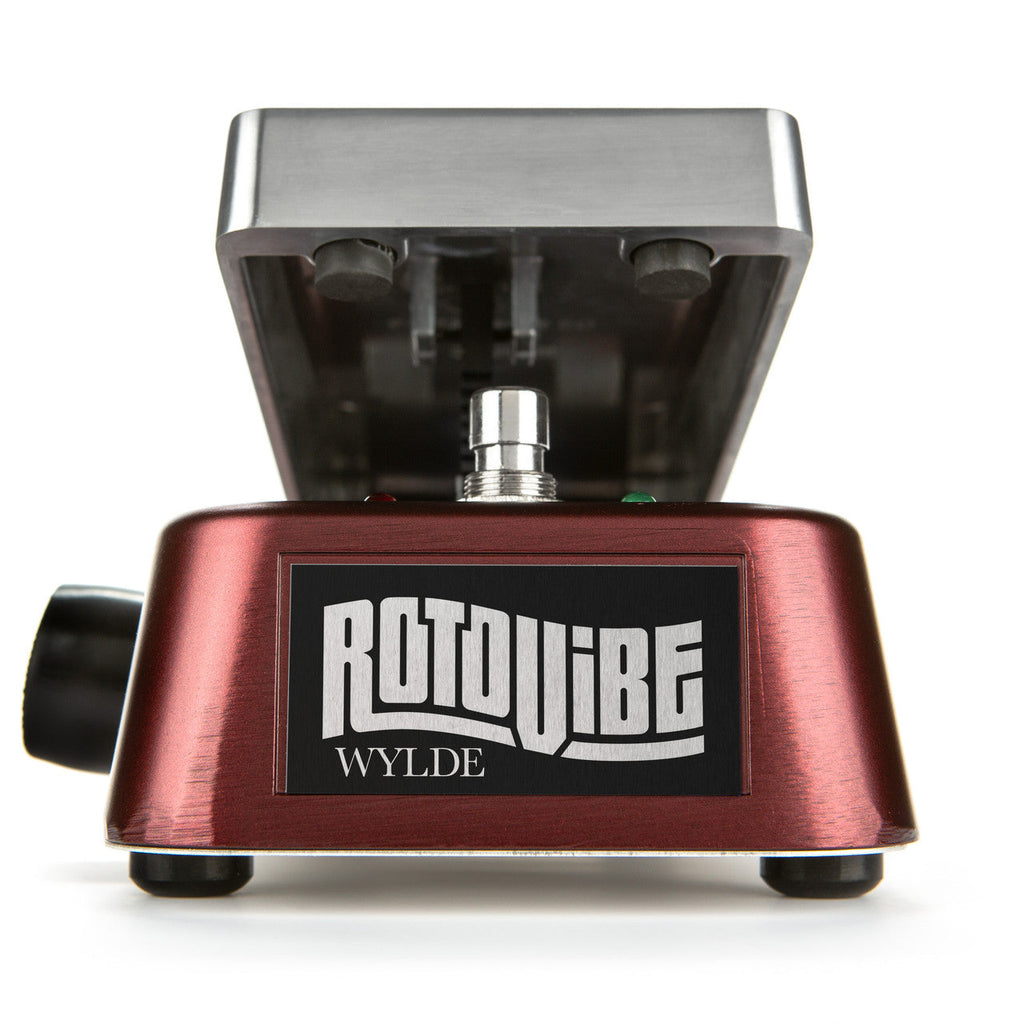 Metallic red guitar effects pedal with footswitch and control knob labeled ROTOVIBE WYLDE
