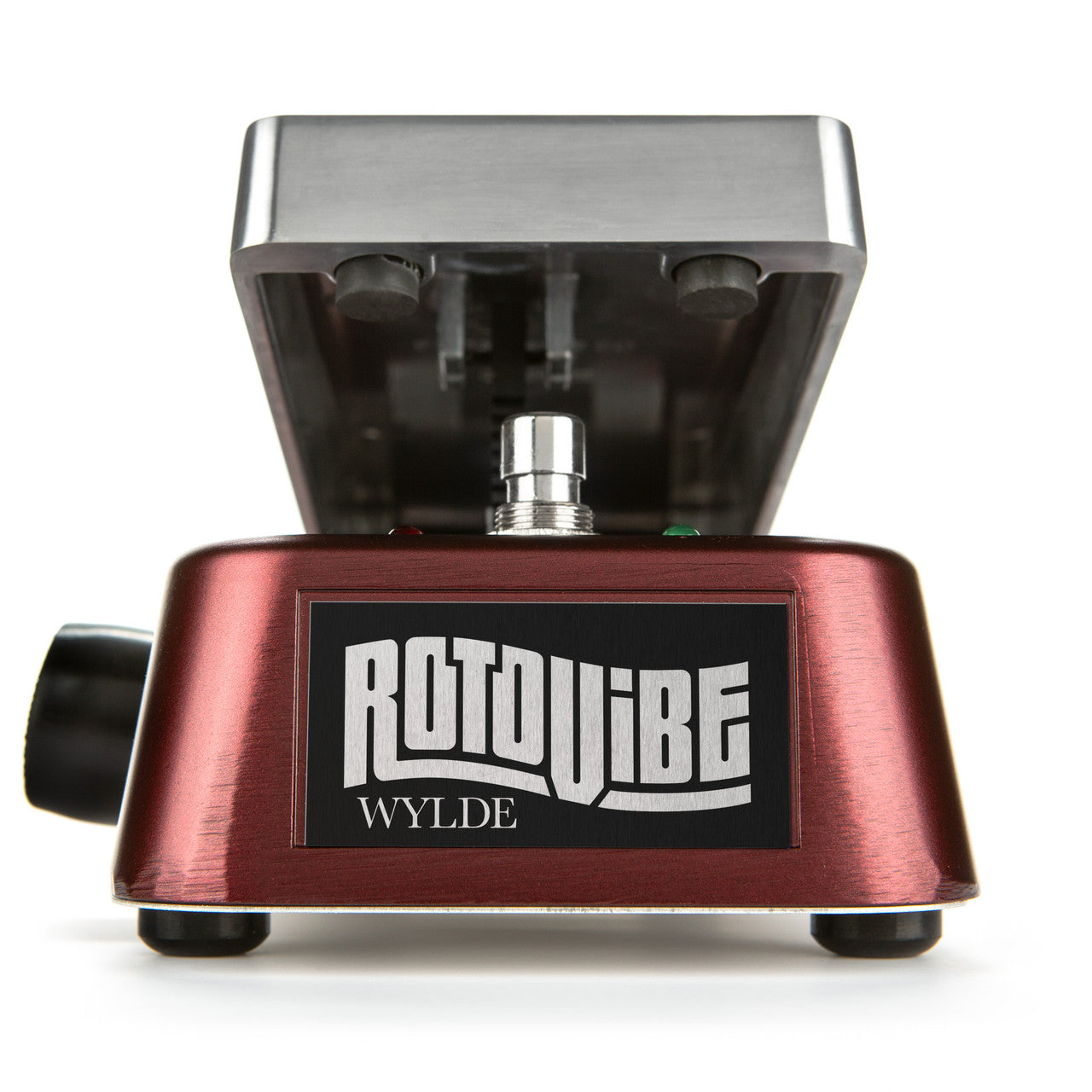 Metallic red guitar effects pedal with footswitch and control knob labeled ROTOVIBE WYLDE
