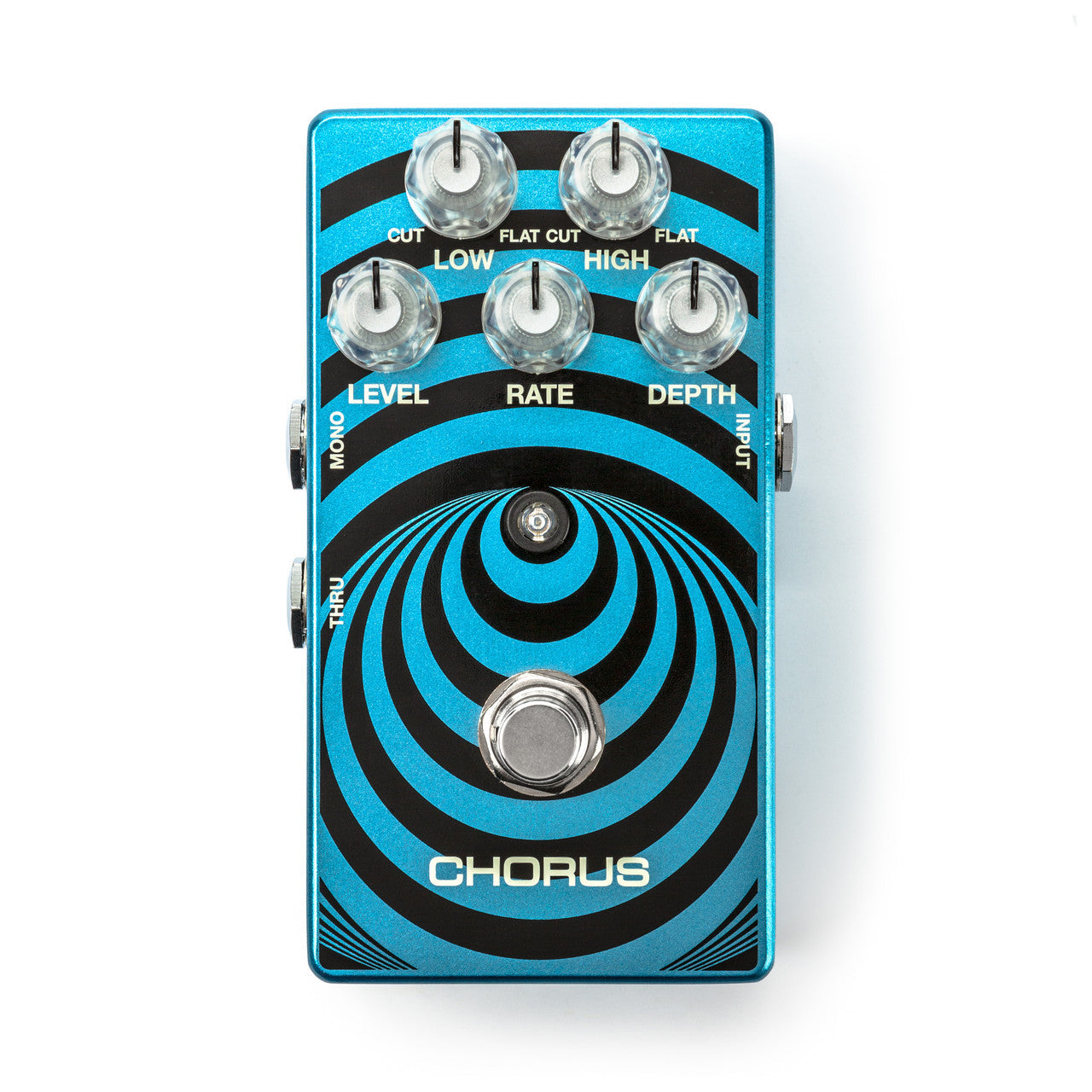 Blue guitar effects pedal with five knobs and one footswitch labeled Chorus with input and thru jacks.