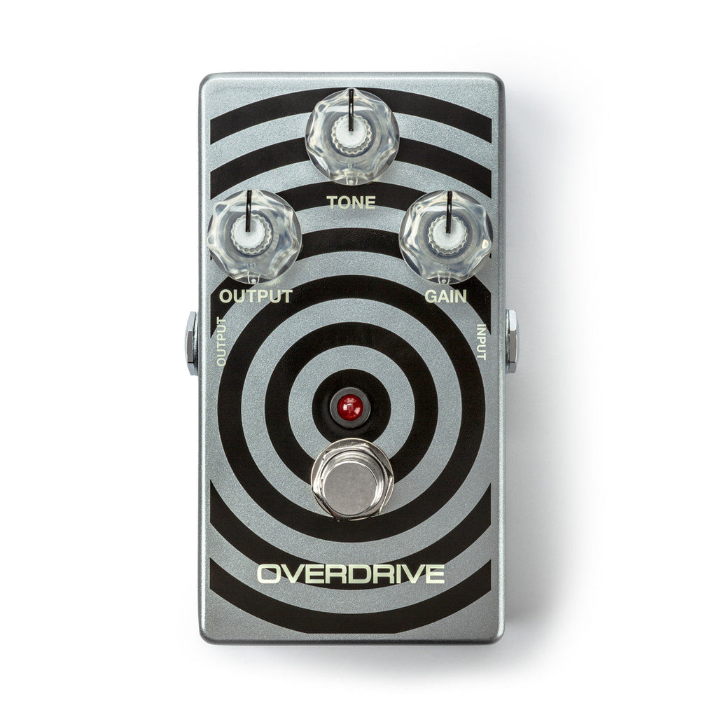 Silver guitar overdrive pedal with black circular design, three clear knobs labeled Tone, Output, Gain, and a footswitch.