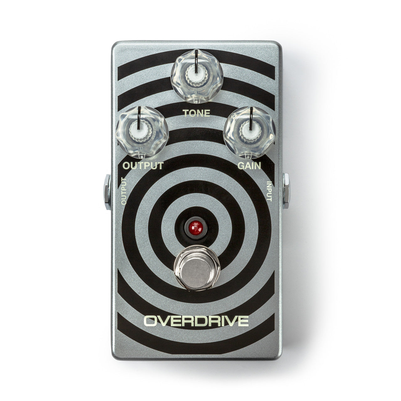 Silver guitar overdrive pedal with black circular design, three clear knobs labeled Tone, Output, Gain, and a footswitch.