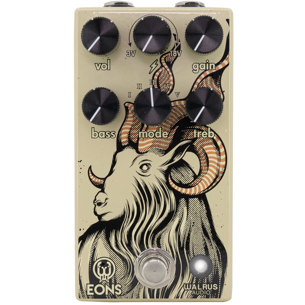 Beige guitar pedal with goat illustration and six black control knobs labeled vol, gain, bass, mode, treb