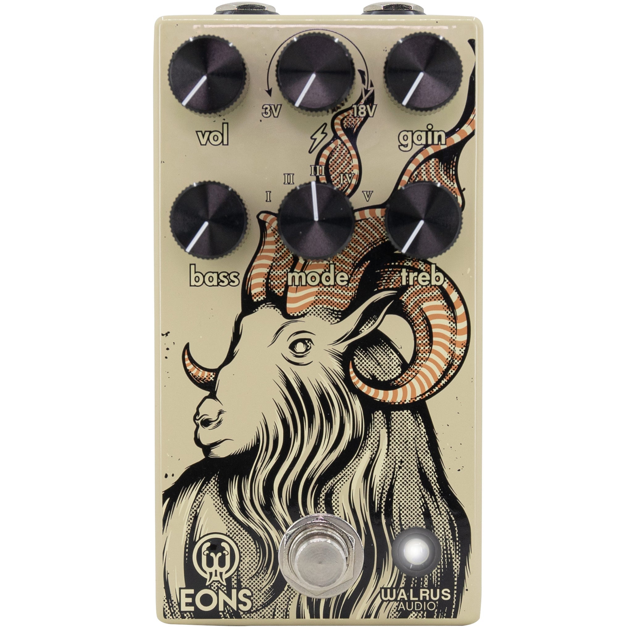 Beige guitar pedal with goat illustration and six black control knobs labeled vol, gain, bass, mode, treb