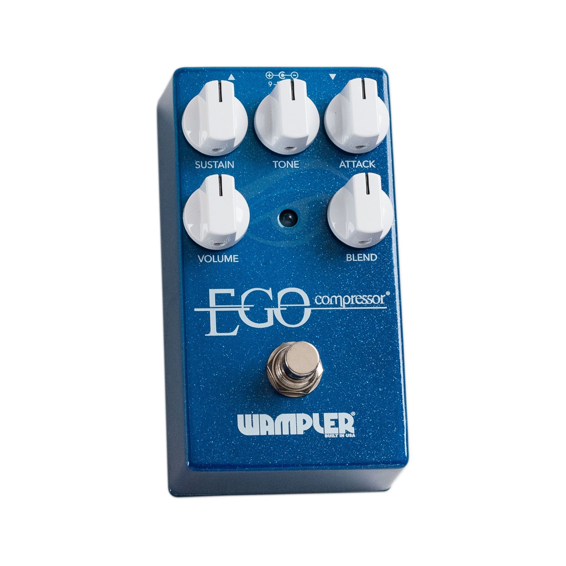 Blue guitar effects pedal with five white knobs and a footswitch labeled Ego compressor Wampler.