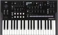Black Korg 37-key wavestate mkII wave sequencing synthesizer with multiple knobs, buttons, and a small display screen.