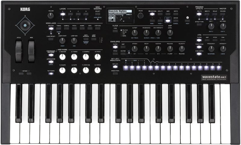 Black Korg 37-key wavestate mkII wave sequencing synthesizer with multiple knobs, buttons, and a small display screen.